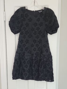 Madewell Black Floral Textured Puff Sleeve Dress
